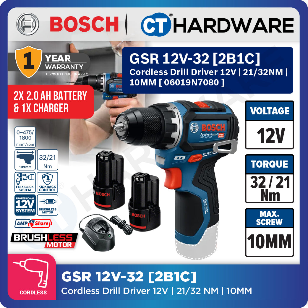 Bosch PRO GSR 12V-32 Cordless Drill Driver 12V 06019N7080 (Body Only | 2-Battery)