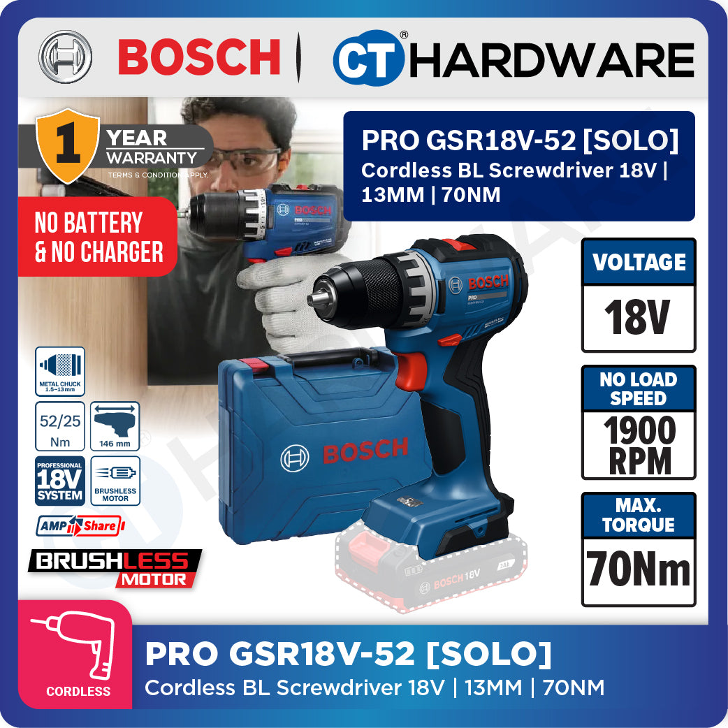 Bosch PRO GSR18V-52 Cordless BL Screwdriver 18V, 13MM, 70NM, Replace GSR180-LI, GSR18V52
