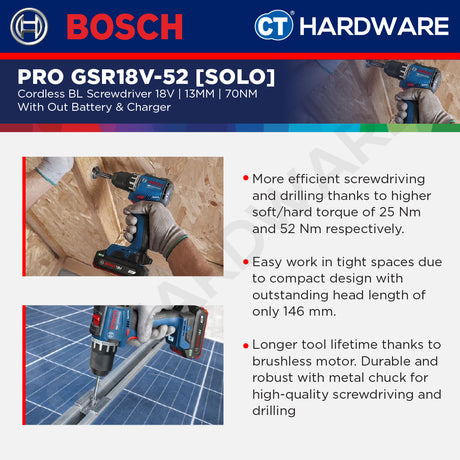 Bosch PRO GSR18V-52 Cordless BL Screwdriver 18V, 13MM, 70NM, Replace GSR180-LI, GSR18V52
