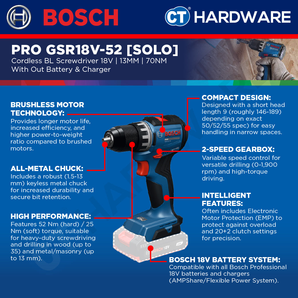Bosch PRO GSR18V-52 Cordless BL Screwdriver 18V, 13MM, 70NM, Replace GSR180-LI, GSR18V52