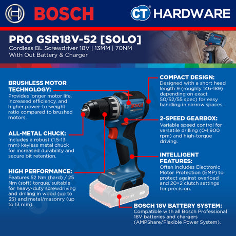 Bosch PRO GSR18V-52 Cordless BL Screwdriver 18V, 13MM, 70NM, Replace GSR180-LI, GSR18V52