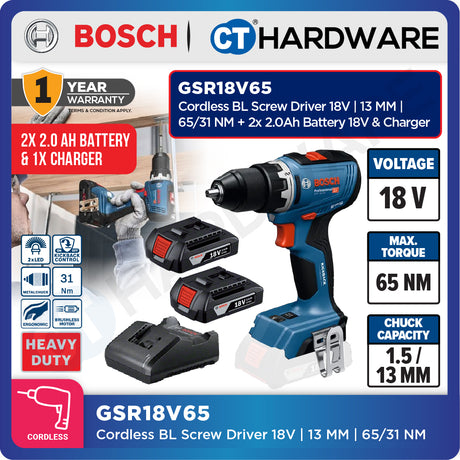 Bosch GSR18V65 Cordless BL Screw Driver 18V | 13 MM | 65/31NM Come with 2x 2.0Ah 18V Battery & Charger