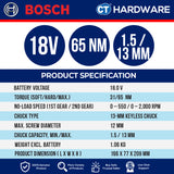 Bosch GSR18V65 Cordless BL Screw Driver 18V | 13 MM | 65/31NM Come with 2x 2.0Ah 18V Battery & Charger