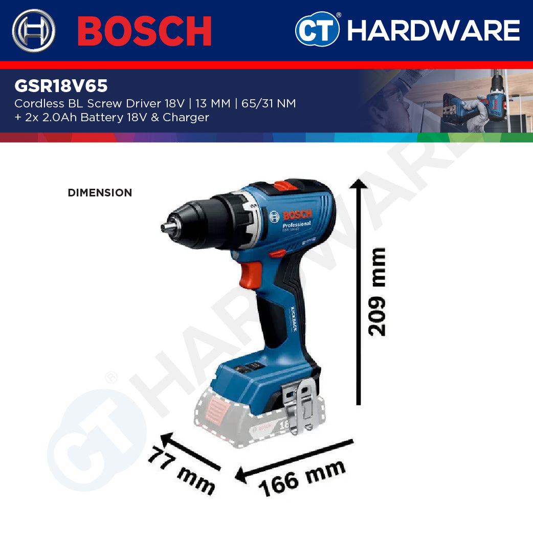 Bosch GSR18V65 Cordless BL Screw Driver 18V | 13 MM | 65/31NM Come with 2x 2.0Ah 18V Battery & Charger