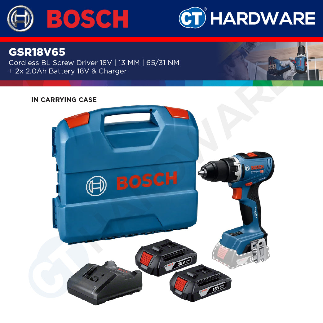Bosch GSR18V65 Cordless BL Screw Driver 18V | 13 MM | 65/31NM Come with 2x 2.0Ah 18V Battery & Charger