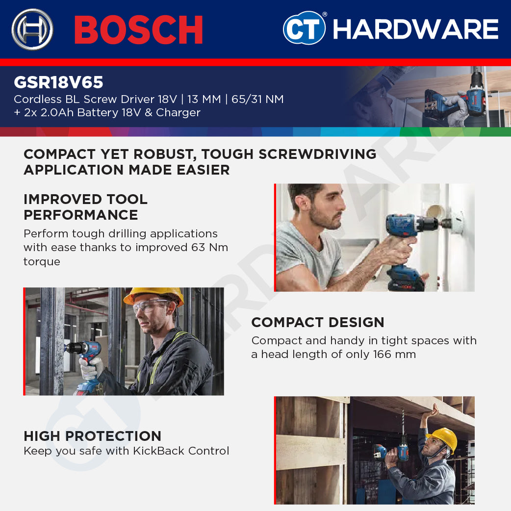 Bosch GSR18V65 Cordless BL Screw Driver 18V | 13 MM | 65/31NM Come with 2x 2.0Ah 18V Battery & Charger