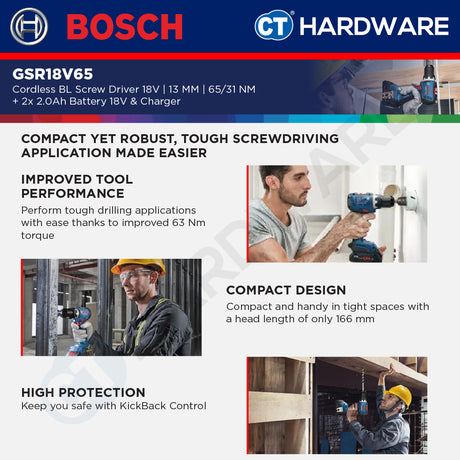 Bosch GSR18V65 Cordless BL Screw Driver 18V | 13 MM | 65/31NM Come with 2x 2.0Ah 18V Battery & Charger