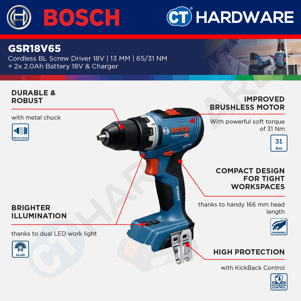 Bosch GSR18V65 Cordless BL Screw Driver 18V | 13 MM | 65/31NM Come with 2x 2.0Ah 18V Battery & Charger