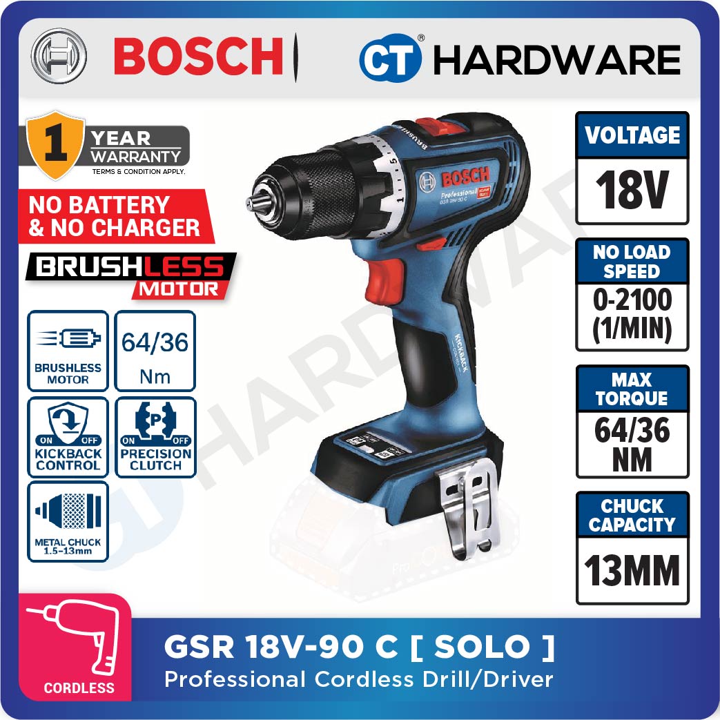 Bosch GSR 18V-90 C Professional Cordless Brushless Drill/Driver 18V | SOLO | 1-Battery | 2-Battery [06019K60L0 | GSR18V90CSOLO]