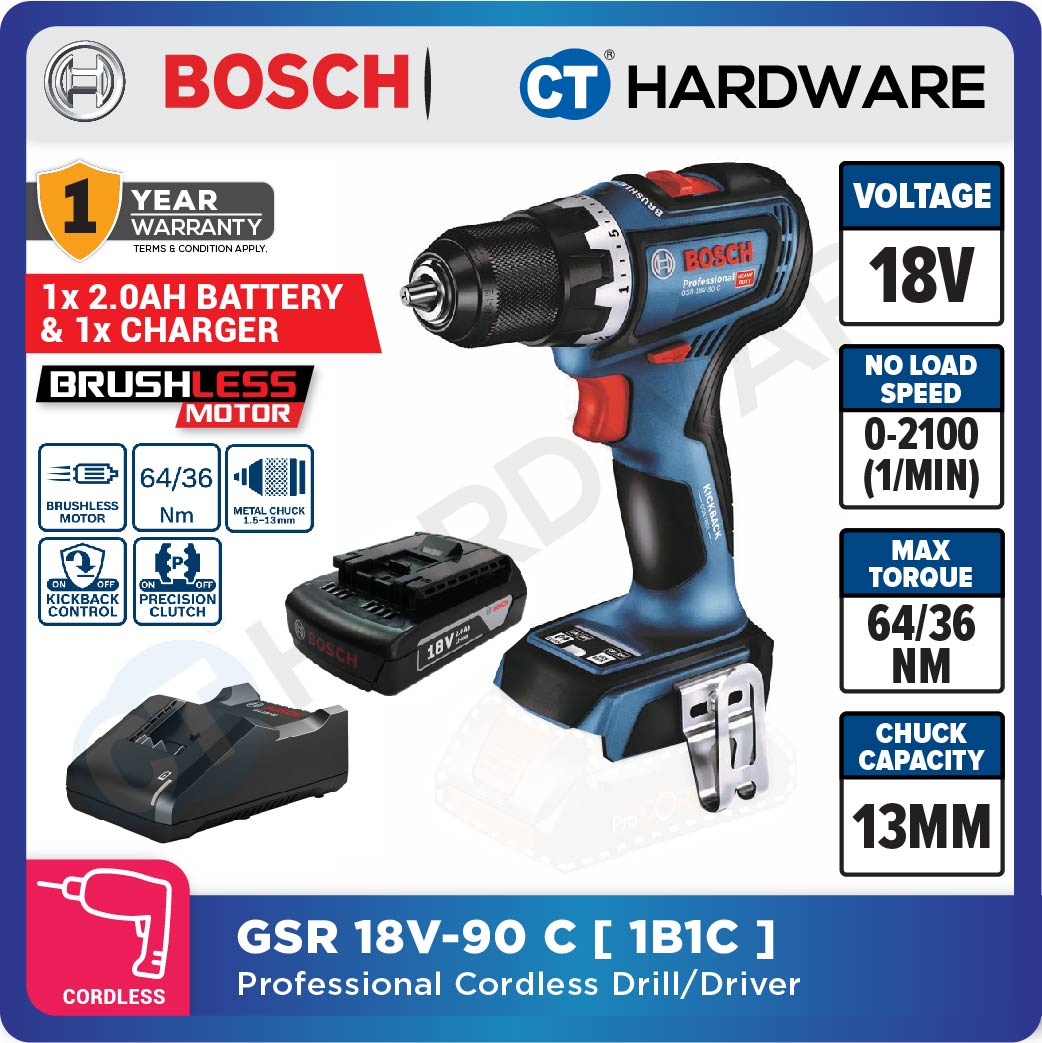 Bosch GSR 18V-90 C Professional Cordless Brushless Drill/Driver 18V | SOLO | 1-Battery | 2-Battery [06019K60L0 | GSR18V90CSOLO]