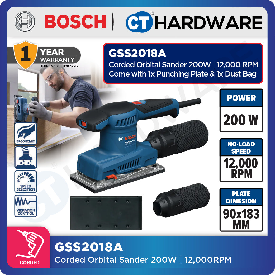 Bosch GSS2018A Corded Orbital Sander 200W | 12,000RPM Come with 1x Punching Plate & 1x Dust Bag