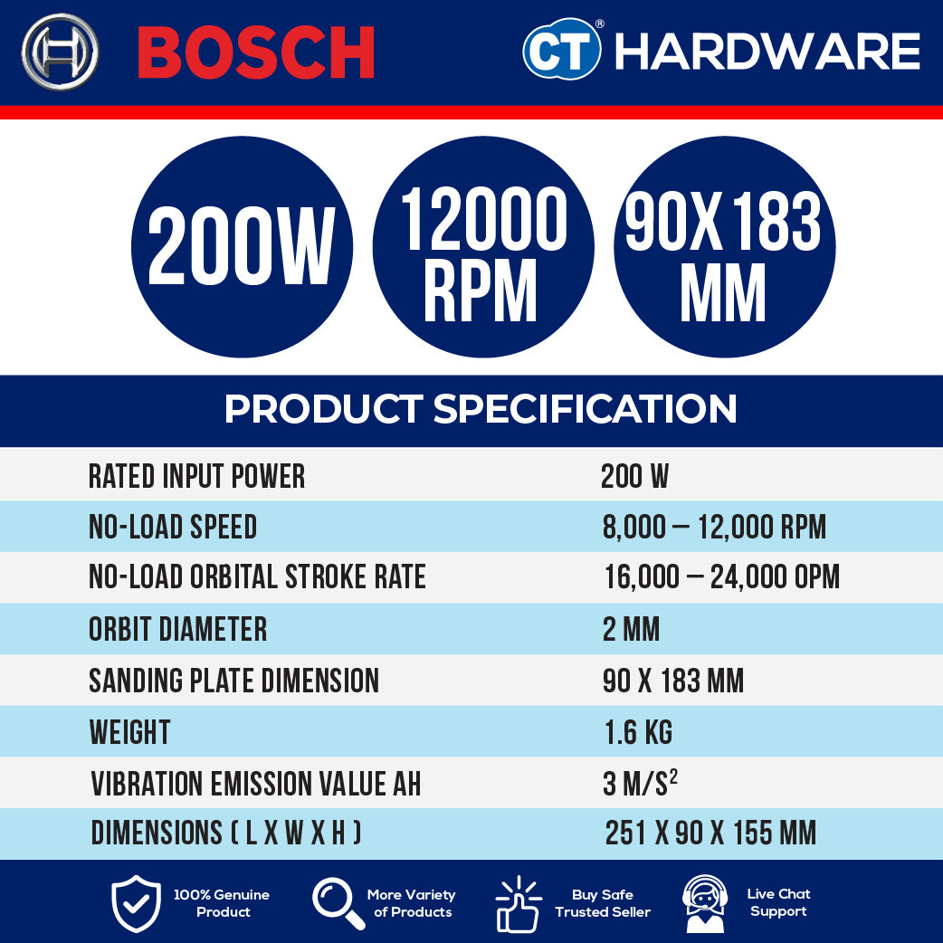 Bosch GSS2018A Corded Orbital Sander 200W | 12,000RPM Come with 1x Punching Plate & 1x Dust Bag