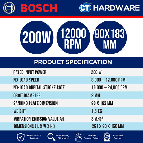 Bosch GSS2018A Corded Orbital Sander 200W | 12,000RPM Come with 1x Punching Plate & 1x Dust Bag