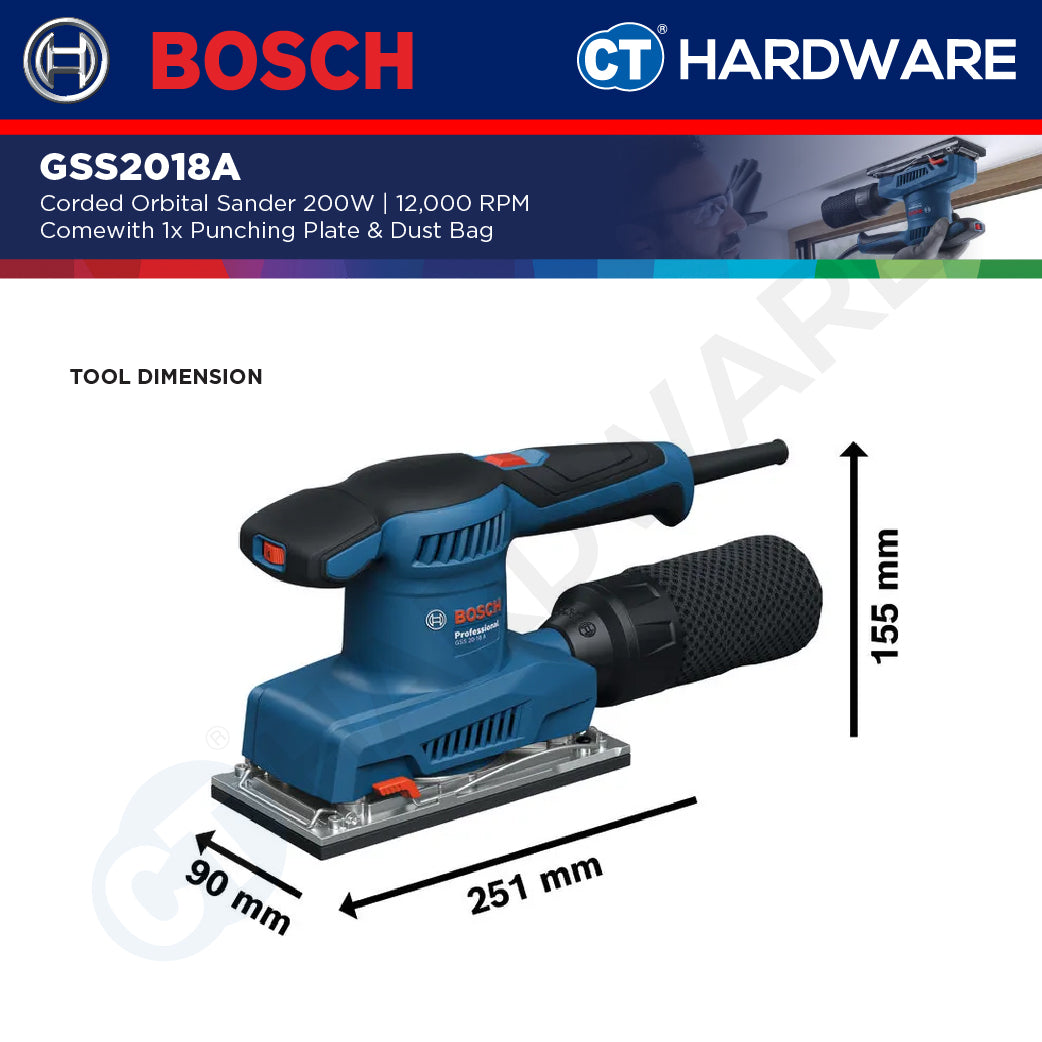 Bosch GSS2018A Corded Orbital Sander 200W | 12,000RPM Come with 1x Punching Plate & 1x Dust Bag