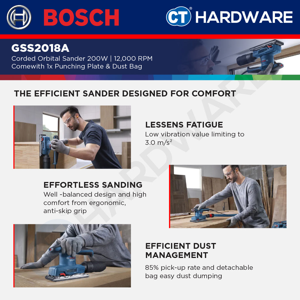 Bosch GSS2018A Corded Orbital Sander 200W | 12,000RPM Come with 1x Punching Plate & 1x Dust Bag