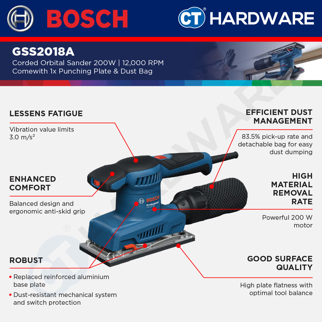 Bosch GSS2018A Corded Orbital Sander 200W | 12,000RPM Come with 1x Punching Plate & 1x Dust Bag