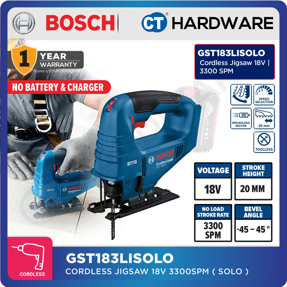 Bosch GST 183-LI SOLO Cordless Brushless Jigsaw 18V | 3300SPM [ GST183LISOLO ]
