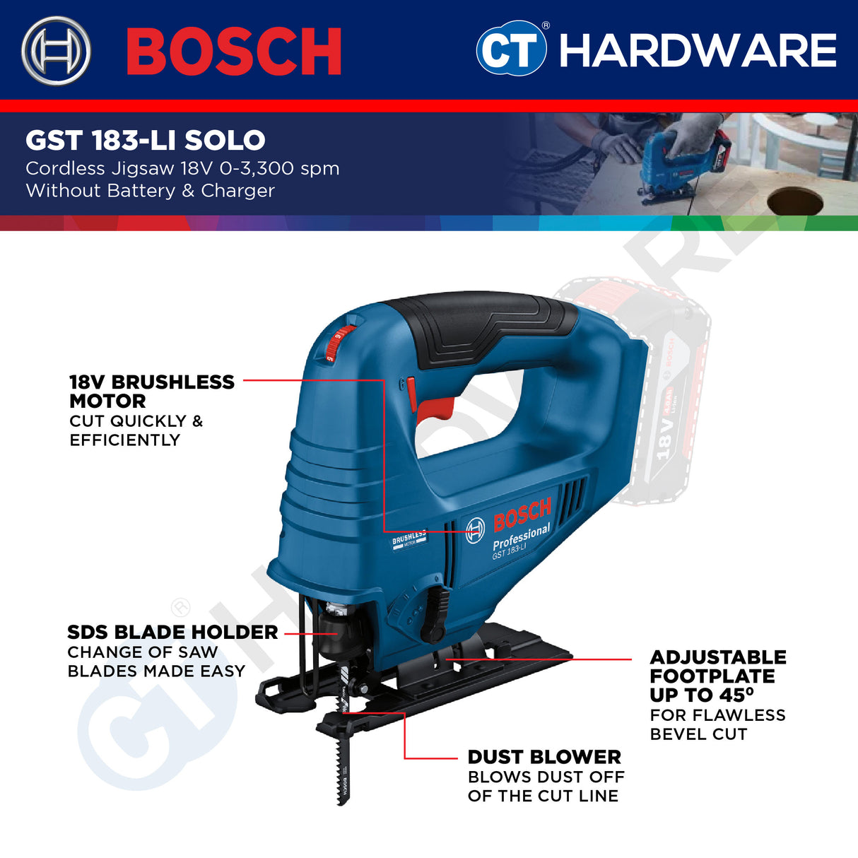 Bosch GST 183-LI SOLO Cordless Brushless Jigsaw 18V | 3300SPM [ GST183LISOLO ]