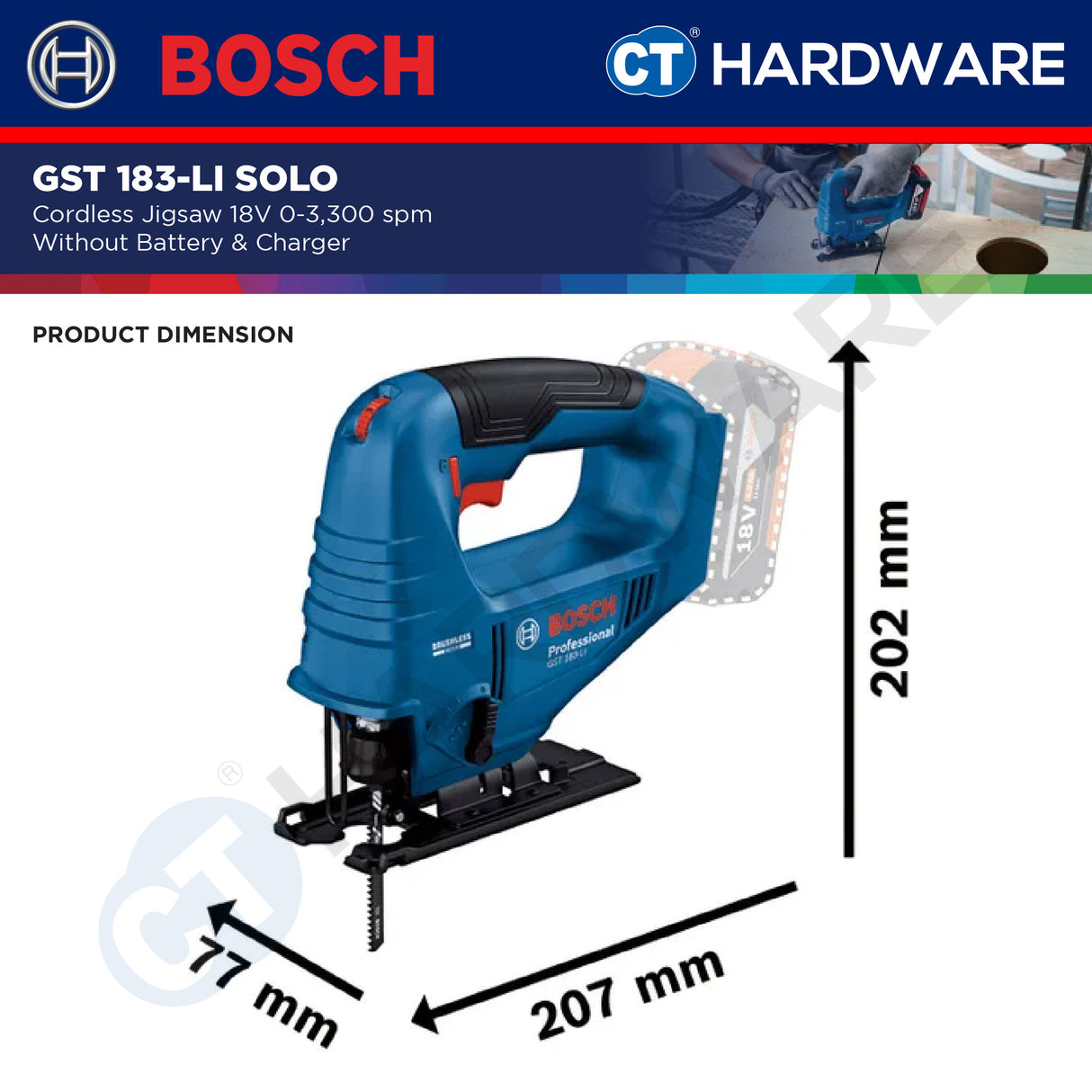 Bosch GST 183-LI SOLO Cordless Brushless Jigsaw 18V | 3300SPM [ GST183LISOLO ]