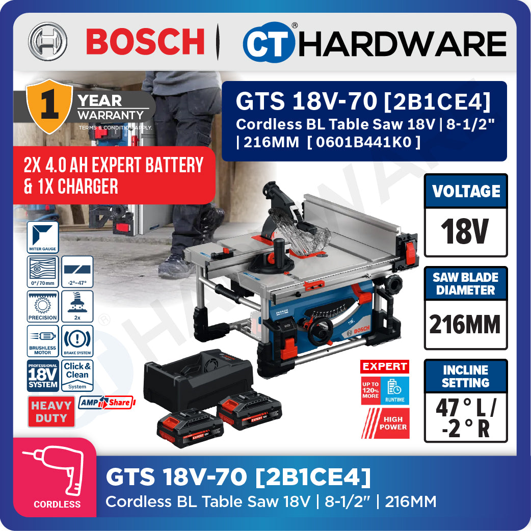 Bosch PRO GTS 18V-70 Cordless Table Saw 18V 0601B441K0 (Body Only | 2-Battery)