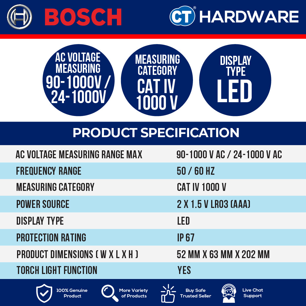 Bosch GVD 1000-17 Voltage Detector 90-1000V AC & 24-1000V AC | Come With 2x AAA Battery | GVD1000-17