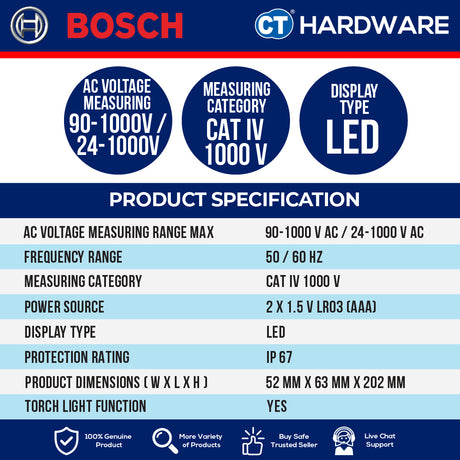 Bosch GVD 1000-17 Voltage Detector 90-1000V AC & 24-1000V AC | Come With 2x AAA Battery | GVD1000-17