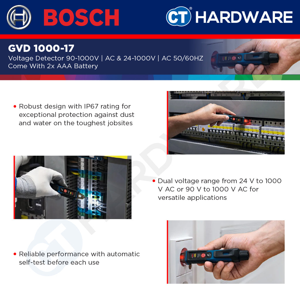 Bosch GVD 1000-17 Voltage Detector 90-1000V AC & 24-1000V AC | Come With 2x AAA Battery | GVD1000-17