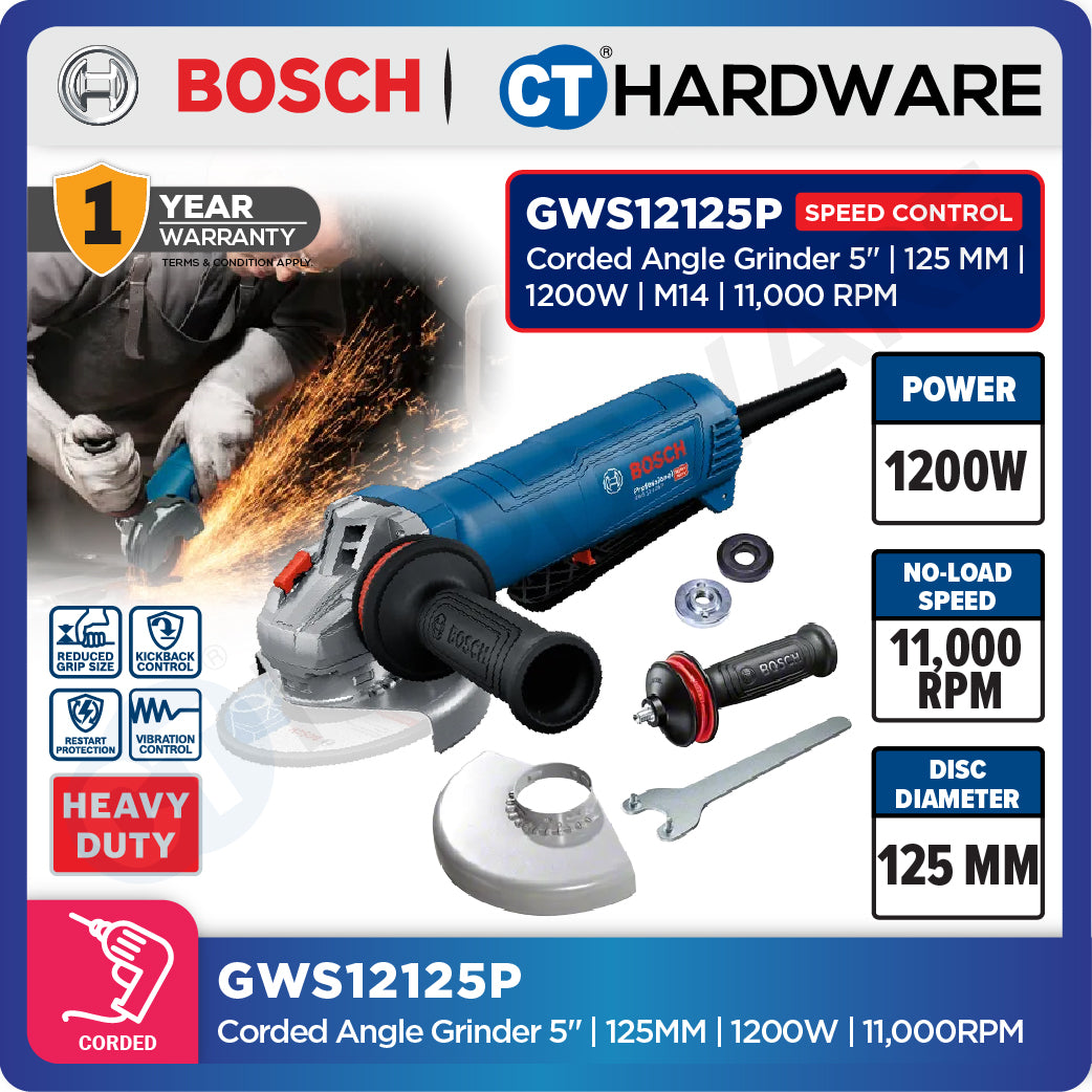 Bosch GWS12125P Corded Angle Grinder 5" | 125MM | 1200W | M14 | 11,000RPM With Speed Control