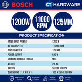 Bosch GWS12125P Corded Angle Grinder 5" | 125MM | 1200W | M14 | 11,000RPM With Speed Control