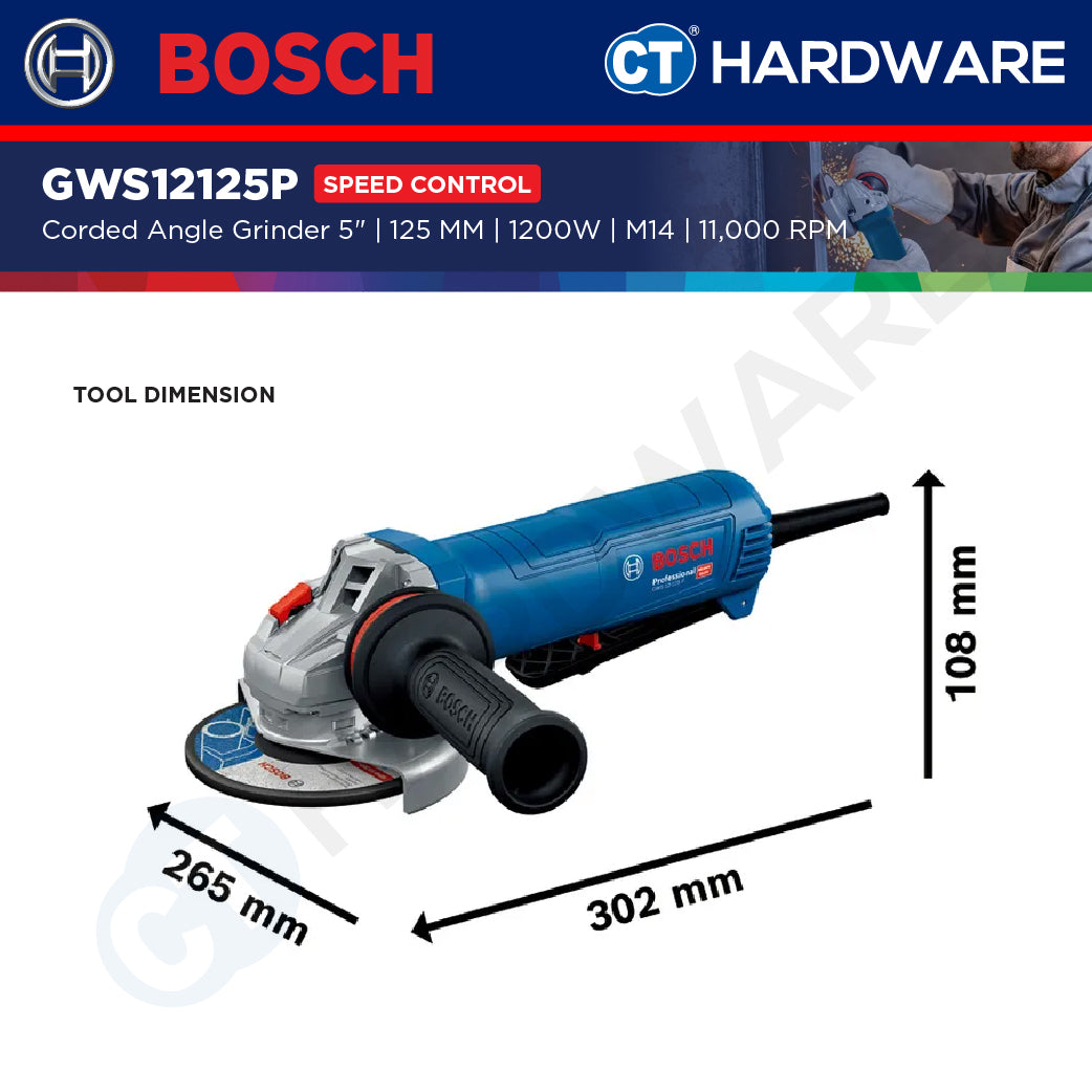 Bosch GWS12125P Corded Angle Grinder 5" | 125MM | 1200W | M14 | 11,000RPM With Speed Control