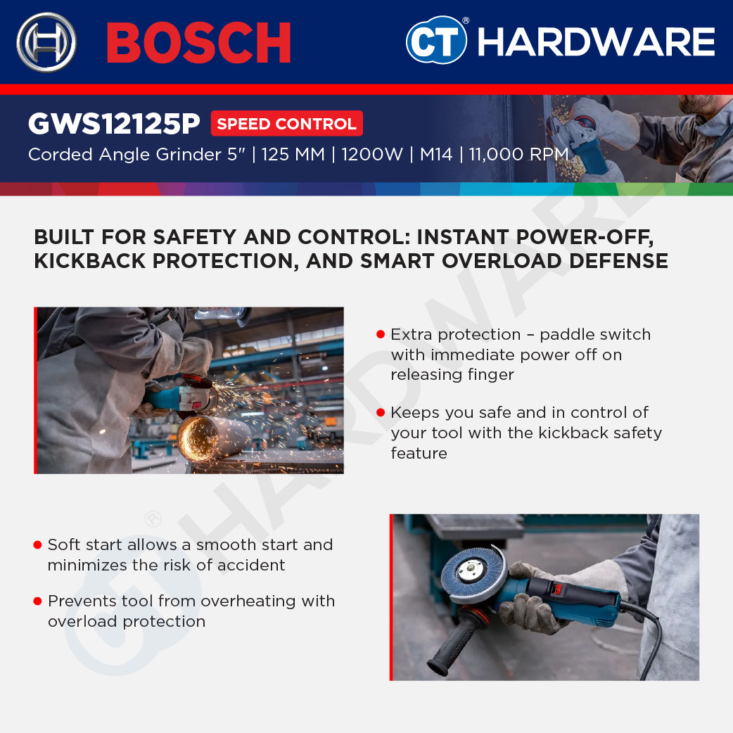 Bosch GWS12125P Corded Angle Grinder 5" | 125MM | 1200W | M14 | 11,000RPM With Speed Control