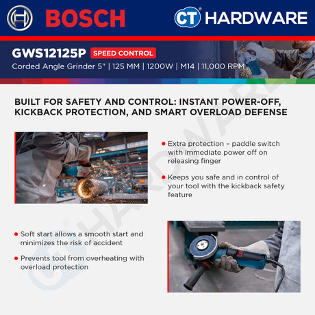 Bosch GWS12125P Corded Angle Grinder 5" | 125MM | 1200W | M14 | 11,000RPM With Speed Control