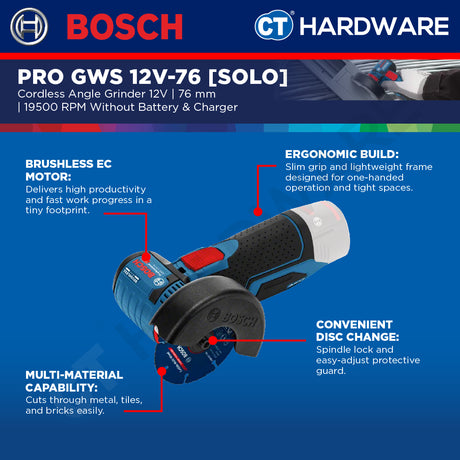 Bosch PRO GWS 12V-76 Cordless Angle Grinder 12V 76mm Solo [06019F2000]
