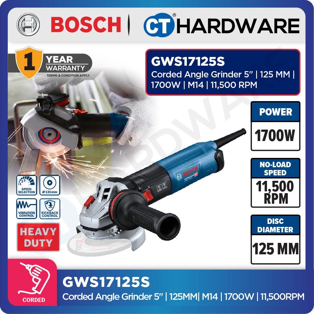 Bosch GWS17125S Corded Angle Grinder 5" | 125MM | 1200W | M14 | 11,500 RPM