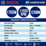 Bosch GWS17125S Corded Angle Grinder 5" | 125MM | 1200W | M14 | 11,500 RPM
