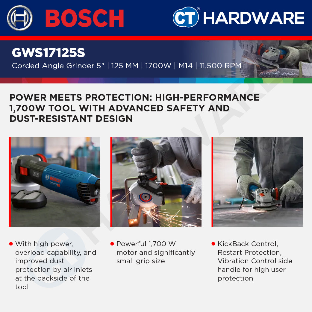 Bosch GWS17125S Corded Angle Grinder 5" | 125MM | 1200W | M14 | 11,500 RPM