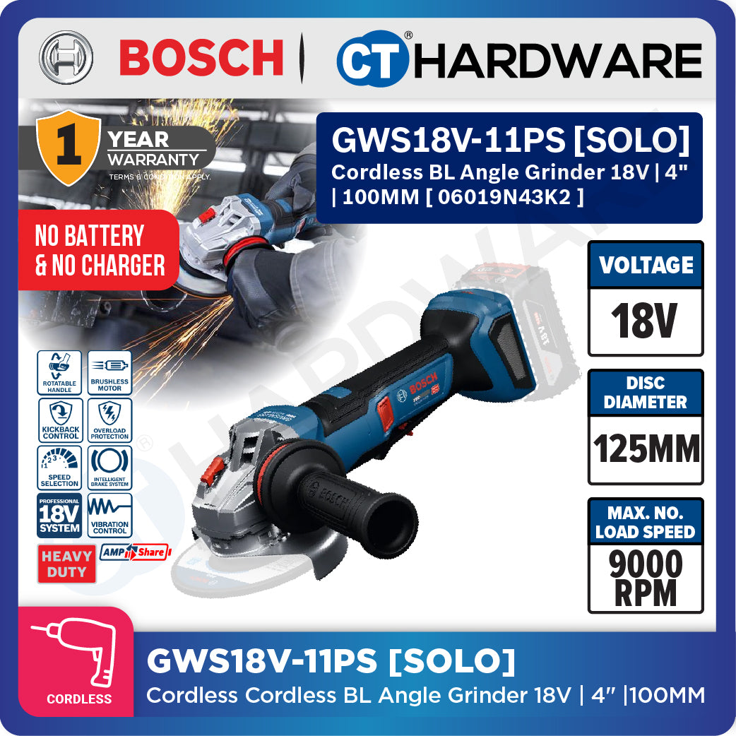 Bosch PRO GWS18V-11PS Cordless Angle Grinder 18V 06019N43K2 (Body Only | 1-Battery | 2-Battery)