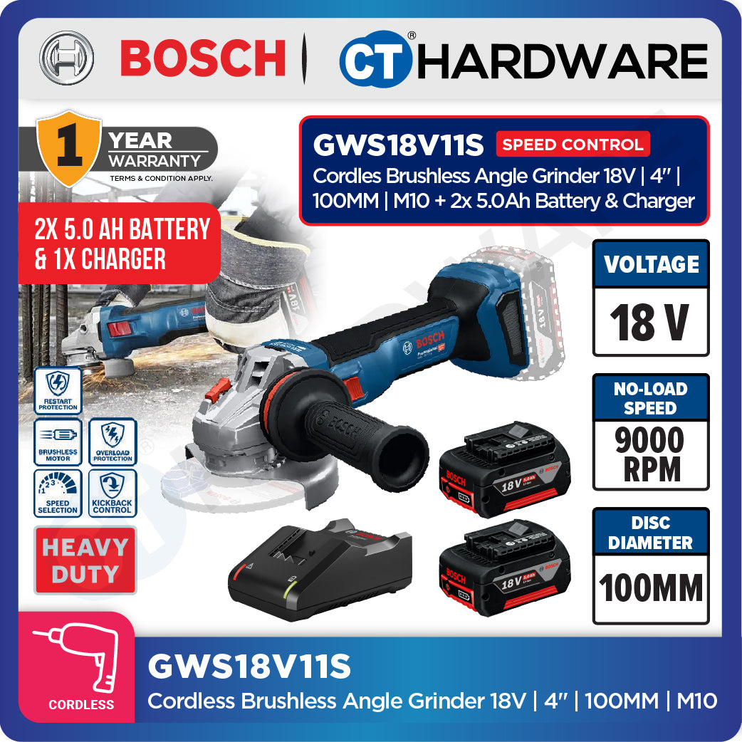 Bosch GWS18V11S Cordless Brushless Angle Grinder 18V | 4" | 100MM | M10 Come with 2x 5.0Ah 18V Battery & Charger