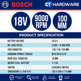 Bosch GWS18V11S Cordless Brushless Angle Grinder 18V | 4" | 100MM | M10 Come with 2x 5.0Ah 18V Battery & Charger