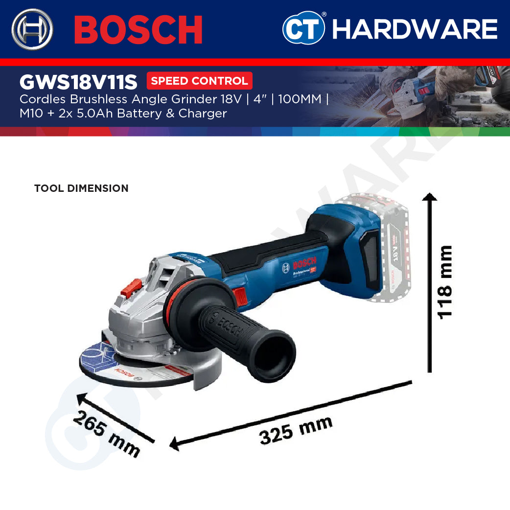 Bosch GWS18V11S Cordless Brushless Angle Grinder 18V | 4" | 100MM | M10 Come with 2x 5.0Ah 18V Battery & Charger