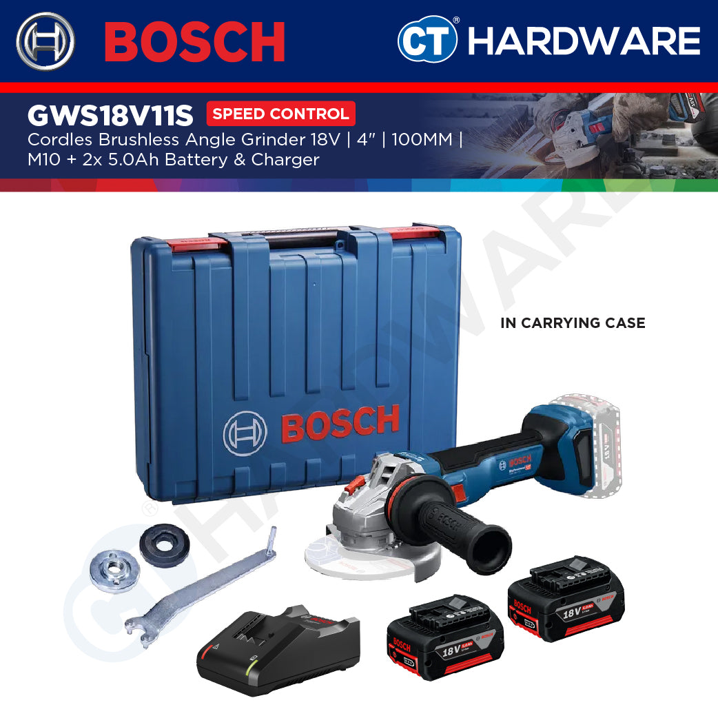 Bosch GWS18V11S Cordless Brushless Angle Grinder 18V | 4" | 100MM | M10 Come with 2x 5.0Ah 18V Battery & Charger