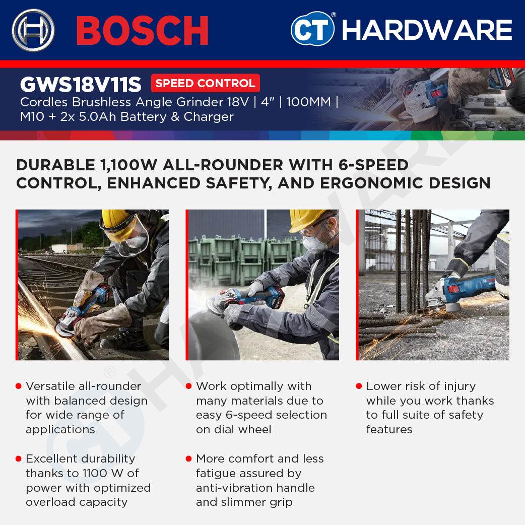 Bosch GWS18V11S Cordless Brushless Angle Grinder 18V | 4" | 100MM | M10 Come with 2x 5.0Ah 18V Battery & Charger
