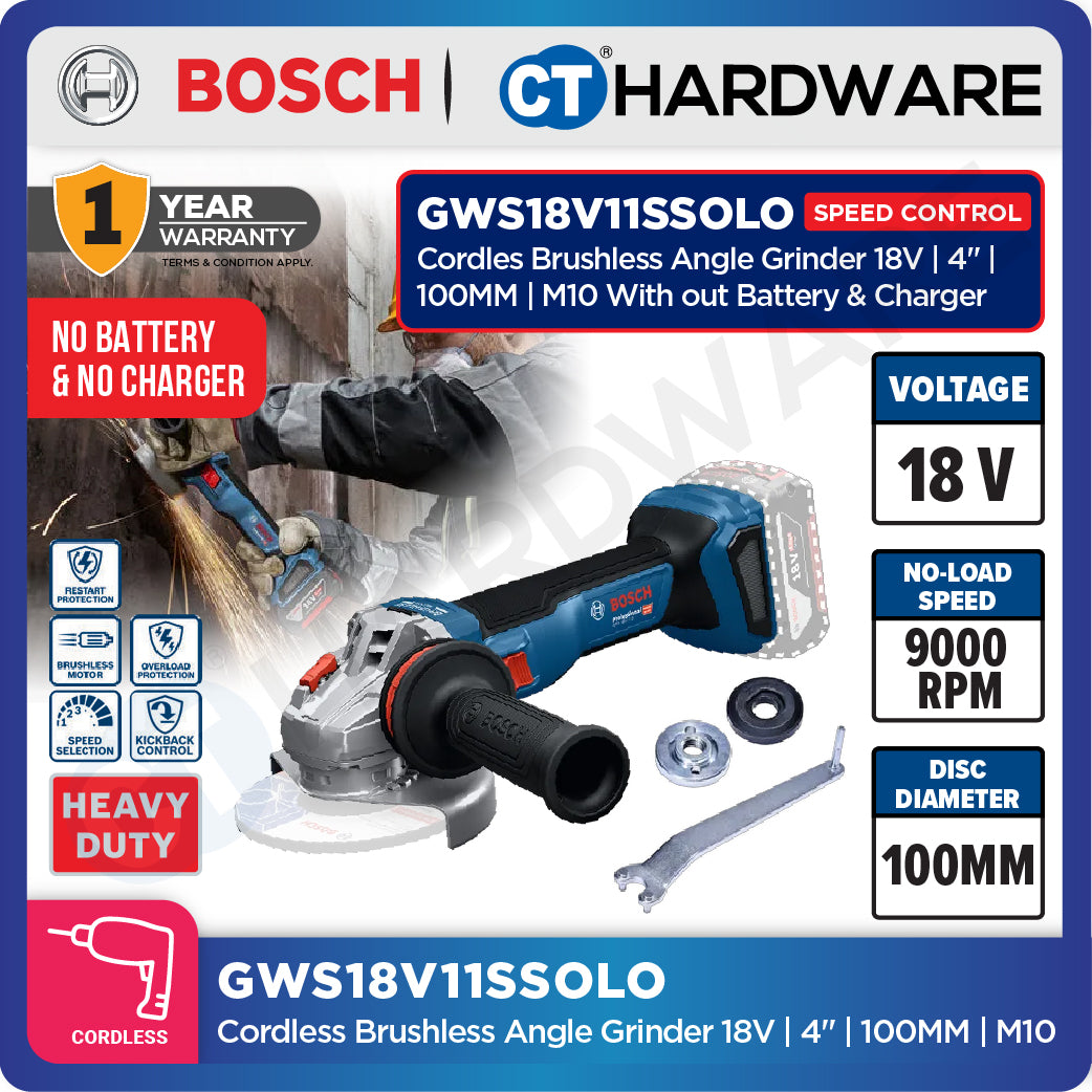 Bosch GWS18V11S Cordless Brushless Angle Grinder 18V | 4" | 100MM | M10 Come with 2x 5.0Ah 18V Battery & Charger