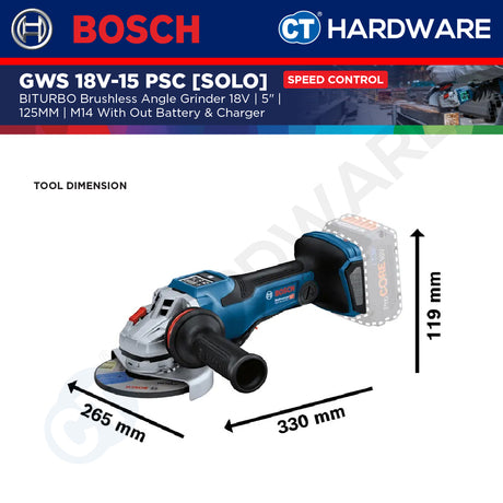 Bosch GWS 18V-15 PSC SOLO BITURBO Cordless Brushless Angle Grinder 18V 5" With Out Battery & Charger [GWS18V15PSCSOLO]