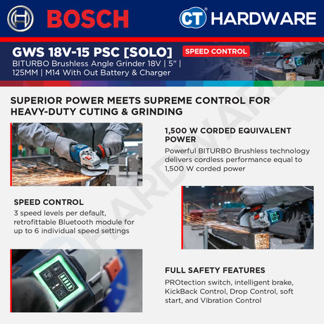 Bosch GWS 18V-15 PSC SOLO BITURBO Cordless Brushless Angle Grinder 18V 5" With Out Battery & Charger [GWS18V15PSCSOLO]
