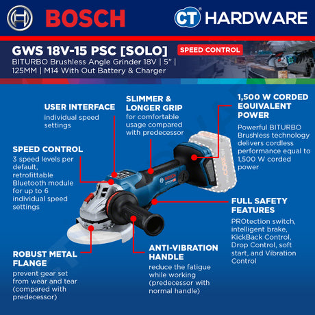Bosch GWS 18V-15 PSC SOLO BITURBO Cordless Brushless Angle Grinder 18V 5" With Out Battery & Charger [GWS18V15PSCSOLO]