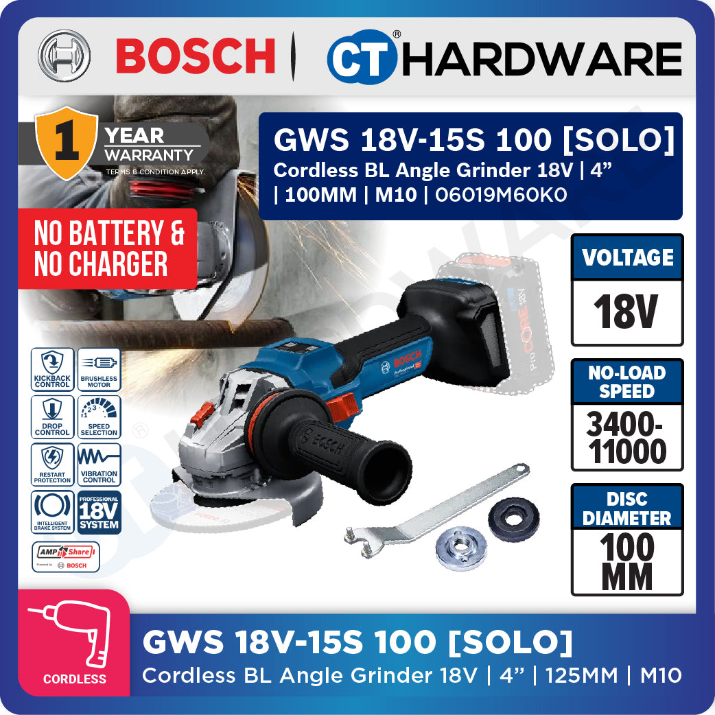 Bosch PRO GWS 18V-15 S Cordless Angle Grinder 18V 100mm [06019M60K0]