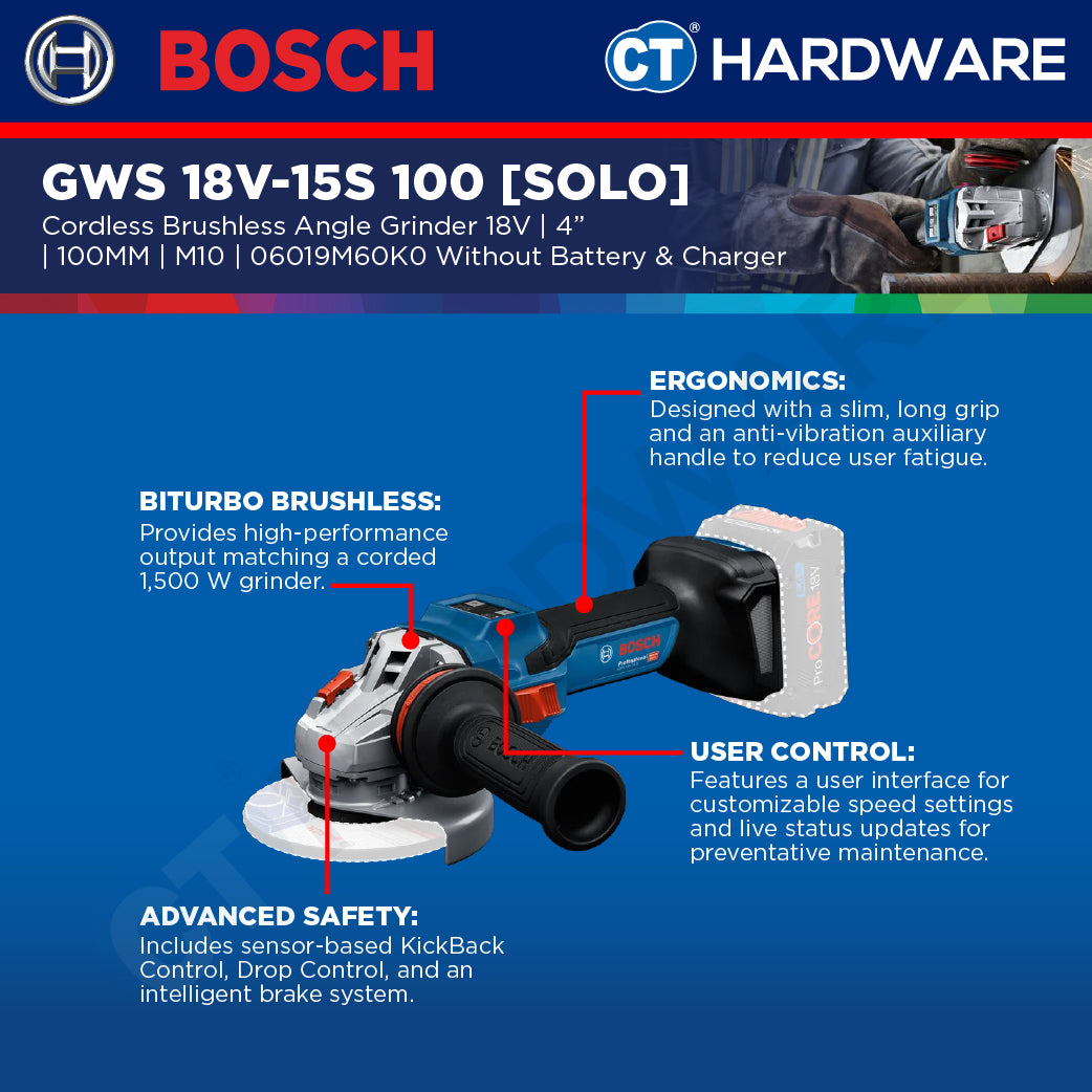 Bosch PRO GWS 18V-15 S Cordless Angle Grinder 18V 100mm [06019M60K0]