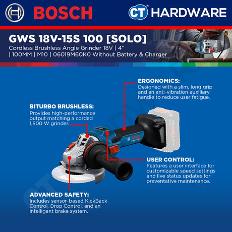 Bosch PRO GWS 18V-15 S Cordless Angle Grinder 18V 100mm [06019M60K0]