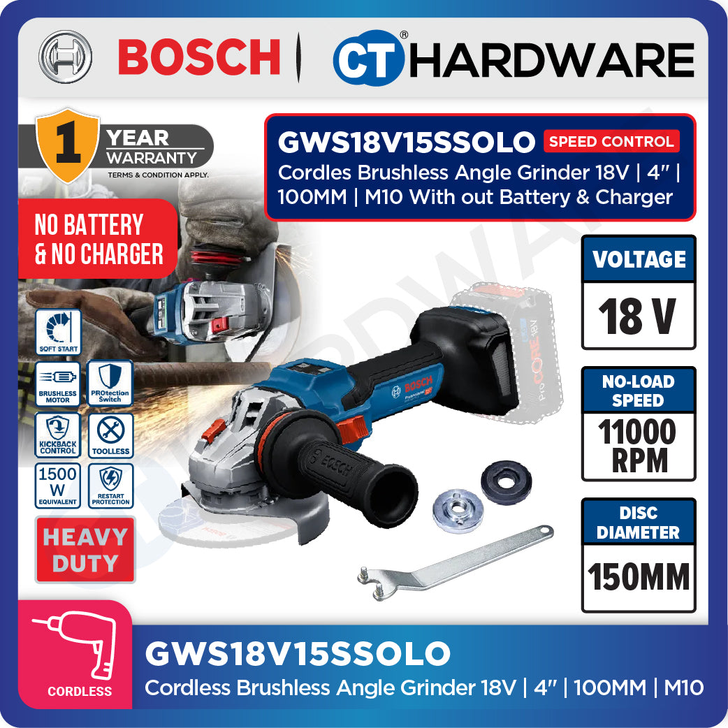 Bosch GWS18V15SSOLO  Cordless Brushless Angle Grinder 18V | 4" | 100MM | M10 With out Battery & Charger [ SOLO UNIT ]